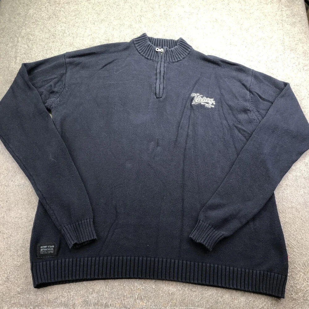 Victory Motorcycles Sweater Mens 3XL Blue 1/4 Zip Mock Neck Knit Pullover Logo